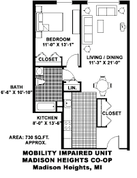 A floor plan of a mobility impaired unit at Madison Heights Co-op in Madison Heights, MI.