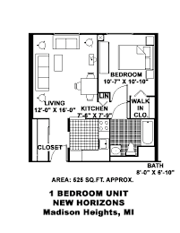 A black and white image of a floor plan for a one bedroom unit.