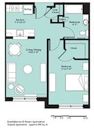 A floor plan of a typical apartment with a kitchen, living room, and bedroom.