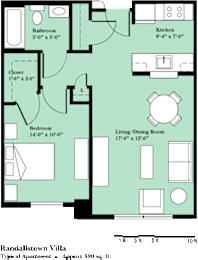 A floor plan of a Randalstown Villa with a living room, kitchen, bathroom, bedroom, and closet.
