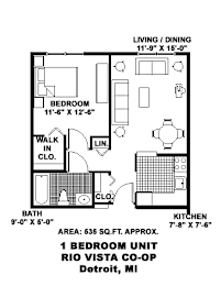 A floor plan of a one bedroom unit in a co-op in Detroit, MI.