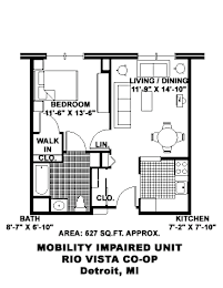 A floor plan of a mobility impaired unit at the Rio Vista Co-op in Detroit, MI.