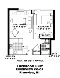 A black and white drawing of a 1 bedroom unit in Riverview, MI.