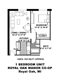 A floor plan of a 1 bedroom unit in the Royal Oak Manor Co-op in Royal Oak, MI.