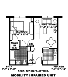 A floor plan of a mobility impaired unit with a living/dining area, kitchen, bath, and bedroom.