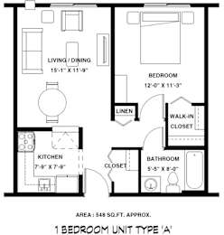 A black and white image of a 1 bedroom unit type A floor plan.