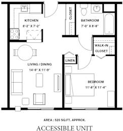 A floor plan of an accessible unit with a living/dining area, kitchen, bathroom, bedroom, and linen closet.