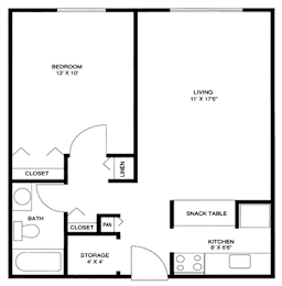 A black and white image of a floor plan for a small apartment.