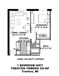 A floor plan of a 1 bedroom unit in Trenton Towers Co-op in Trenton, MI.