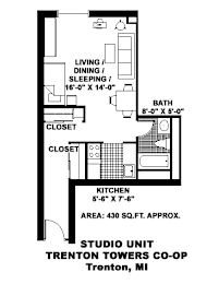 A floor plan of a studio unit with a kitchen, bath, and living area.
