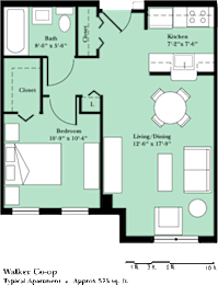 A floor plan of a home with a living room, dining room, kitchen, bathroom, and bedroom.