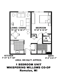 A floor plan of a one bedroom unit in Whispering Willows Co-op in Romulus, MI.