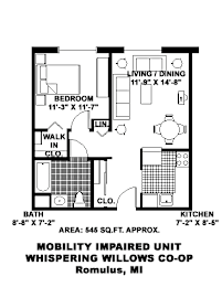 A floor plan of a mobility impaired unit with a co-op in Whispering Willows, Romulus, MI.