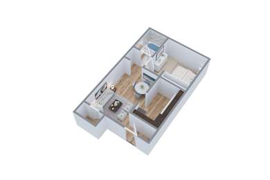 A 3D floor plan of a small apartment with a kitchen, living room, and bathroom at The Square in Downey, CA, 90242