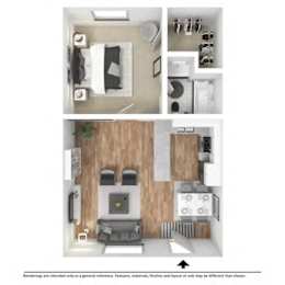 A floor plan of a small apartment with a kitchen, living room, and bedroom.