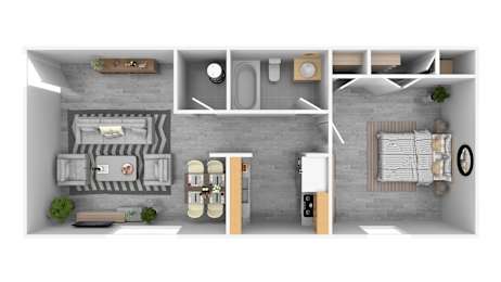 A top-down view of a small apartment with a kitchen, living room, and bathroom.
