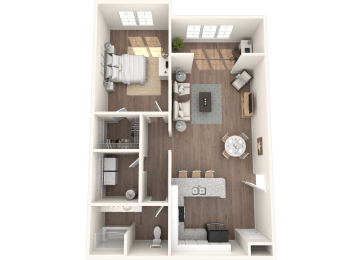 a 3d floor plan of a bedroom with a bathroom and a living room