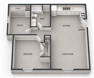 A diagram of a house layout with a living room, kitchen, bedroom, bathroom, office, and closet.