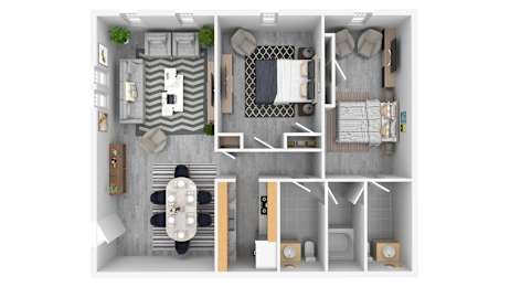 A floor plan of a small apartment with a kitchen, living room, and bathroom.
