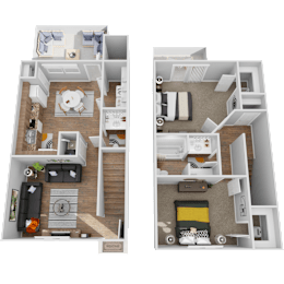 Two images of a floor plan of a house with a living room and kitchen on the left and a bedroom with a bathroom on the right.