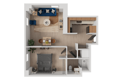A 3D floor plan of a small apartment with a living room, kitchen, and bedroom.