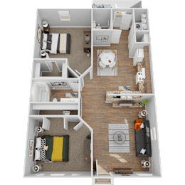 A 3D floor plan of a small apartment with a living room, kitchen, and two bedrooms.
