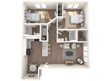 a 3d rendering of a floor plan with a bedroom and living room