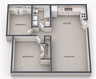 A diagram of a house layout with two bedrooms, a kitchen, a living room, and a bathroom.