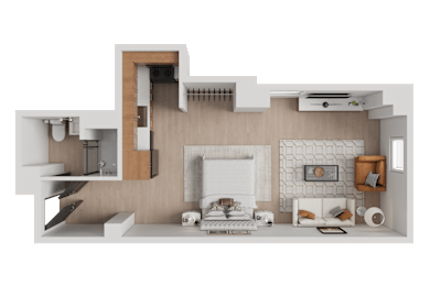 A modern living room with a fireplace and a kitchen area.