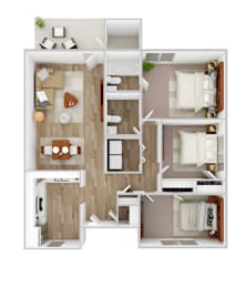 A top-down view of a house layout with a living room, kitchen, dining area, and bedrooms.
