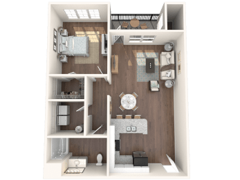 a 3d rendering of a floor plan with a bedroom and living room