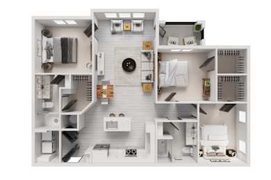 A detailed 3D floor plan of a modern apartment layout.