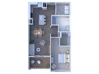 A top down view of a small apartment with a living room, kitchen, and bathroom.