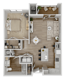 A bird's eye view of the Abigail floor plan featuring bedrooms, kitchen, living, and dining areas.