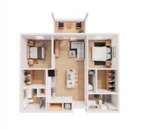 A dollhouse with a living room, kitchen, and bedroom.