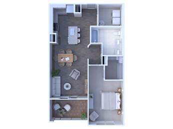 A top down view of a small apartment with a kitchen, living room, and bathroom.