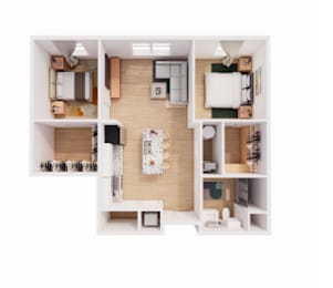 A dollhouse with a kitchen, living room, and dining area.