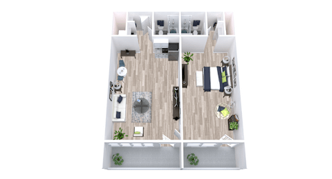 A top-down view of a house layout with a living room, kitchen, dining area, and two bedrooms.