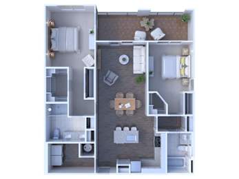 A floor plan of a house with a kitchen, living room, dining room, and bathrooms.