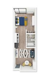 A top-down view of a small apartment with a bed, desk, and kitchenette.
