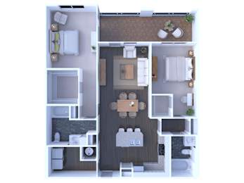 A top-down view of a house layout with a central living area, two bedrooms, a bathroom, and a kitchen.