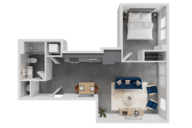 A top-down view of a small apartment layout with a kitchen, living room, and bathroom.