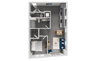 A 3D floor plan of a small apartment with a kitchen, living room, and bathroom.