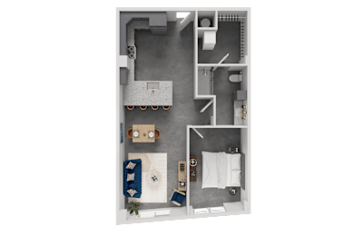 A 3D floor plan of a small apartment with a bedroom, bathroom, and kitchen.