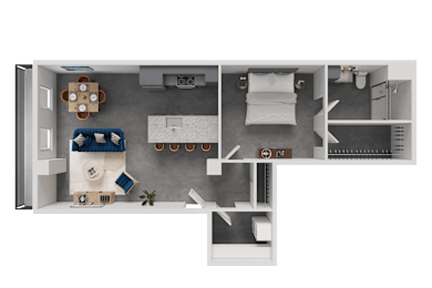 A 3D rendered image of a modern apartment layout.