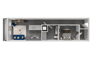 A 3D floor plan of a small apartment with a bedroom, living room, and kitchen.