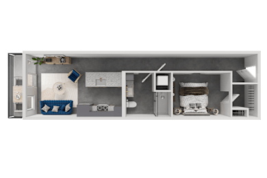 A 3D rendered image of a house layout.