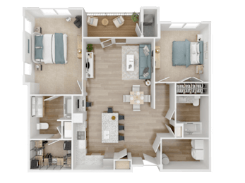 A bird's eye view of the Eleanor floor plan featuring bedrooms, kitchen, living, and dining areas.