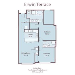 A floor plan of the Erwin Terrace apartment, showing a living room, kitchen, and three bedrooms.