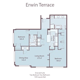 A floor plan of the Erwin Terrace, an Emerald Suite, showing the layout of the rooms and their respective sizes.